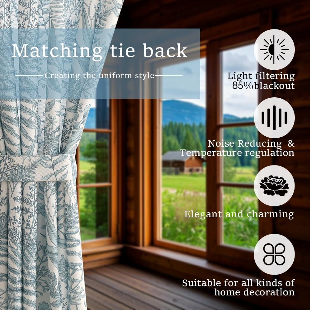 Autumn Dream 2 Panels Chenille Curtains, Farmhouse Floral, Blue Floral, 52"W x 84"L, Bedroom, Living Room