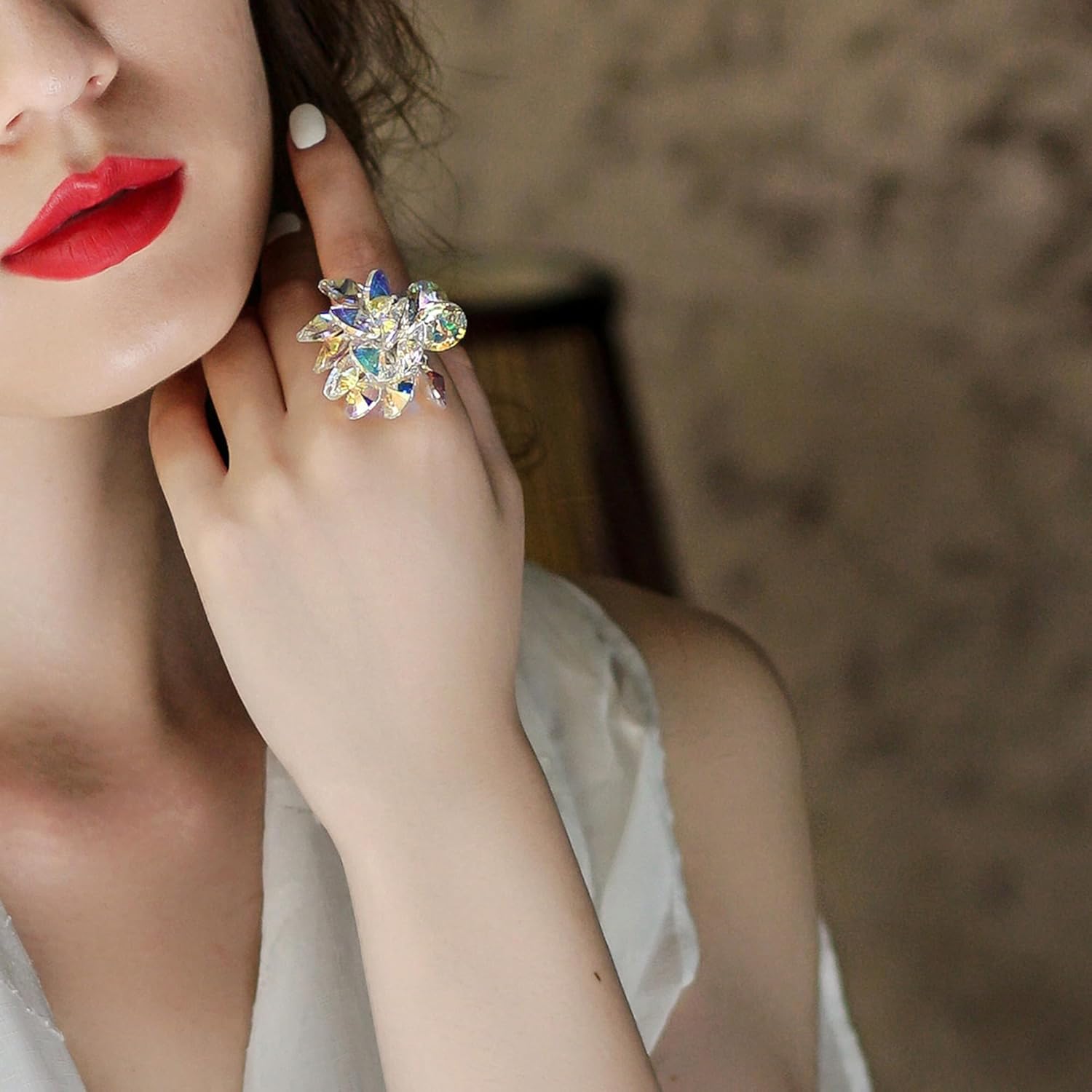 Stunning Austrian Crystal Sterling Silver Ring, Adjustable Iridescent Aurora Borealis Design, S925 Handcrafted, 0.78in Circle Diameter, 15g