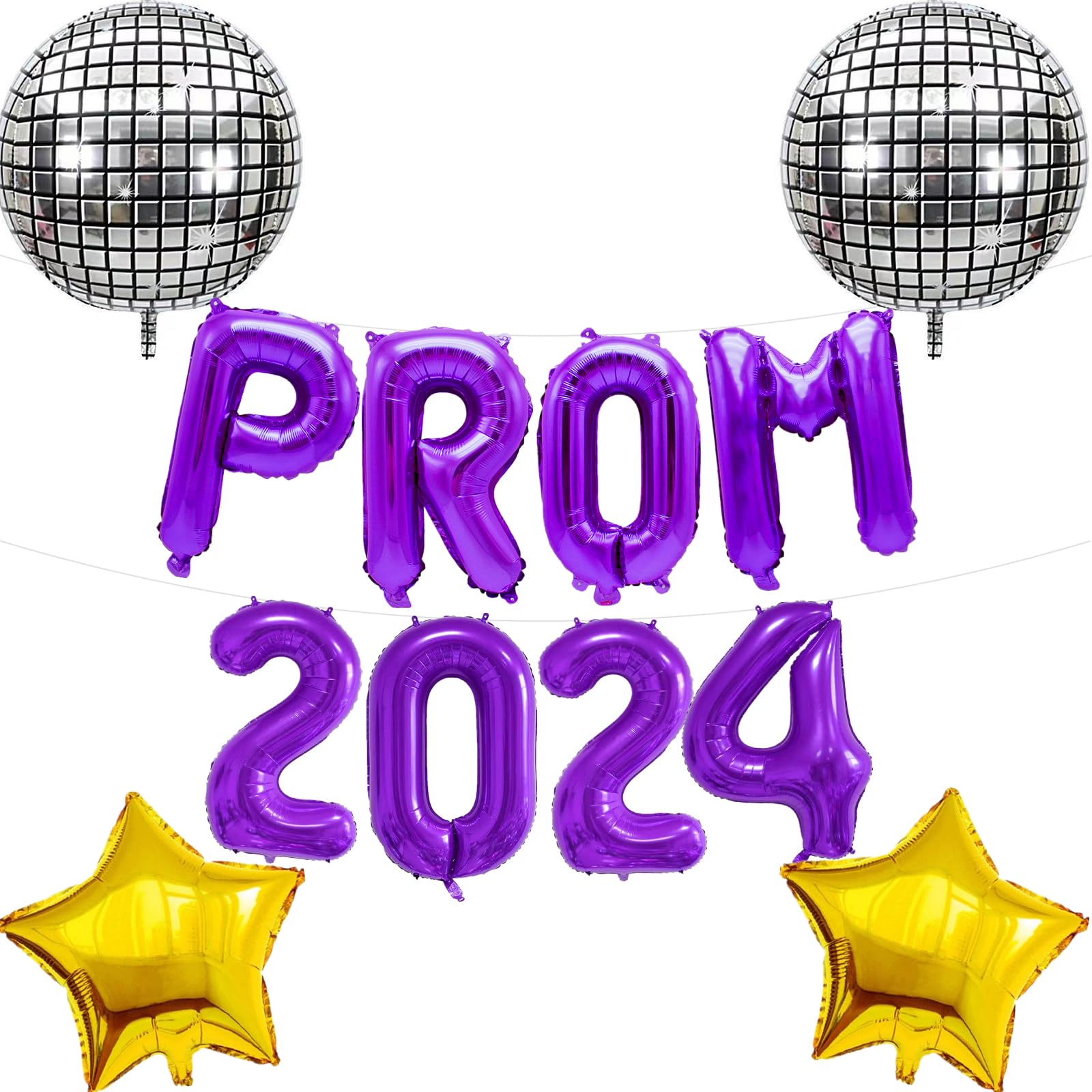 Elicola Prom 2024 Balloons Banner with 2Pcs Star and Prom Disco Ball Foil Balloons Backdrop for High School College Grad Graduation Class of 2024 Party Decorations,Purple