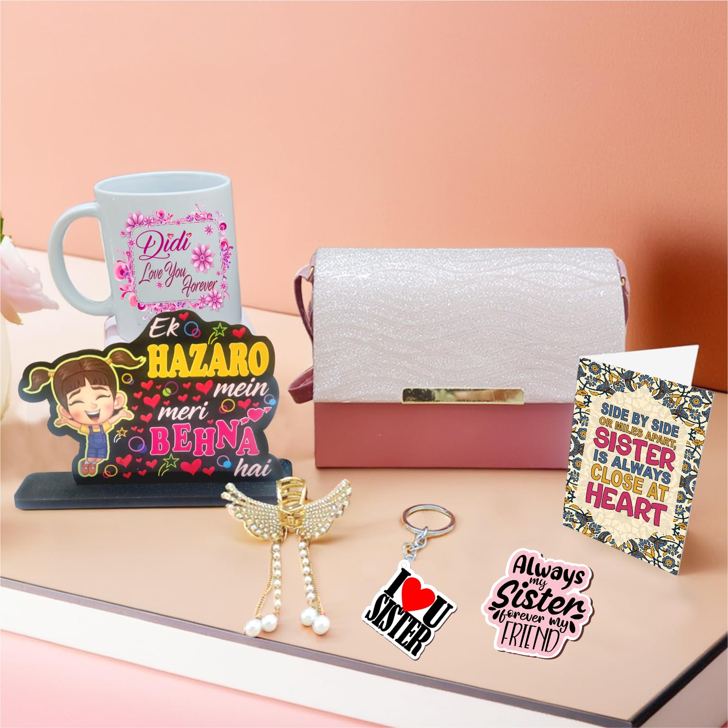 PICRAZEE Gift Combo for Sister – Ceramic Mug, Purse, Hair Clip, Keyring, Fridge Magnet & Greeting Card | Birthday & Raksha Bandhan Gift discount deal
