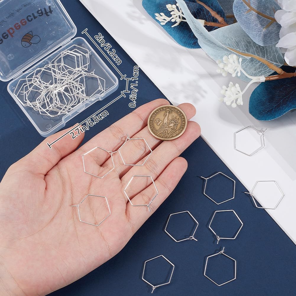 Beebeecraft 1 Box 40Pcs Hoop Ear Wires 925 Sterling Silver Plated Hexagon Geometry Earring Loops Findings for Jewelry Making DIY Beading 20mm