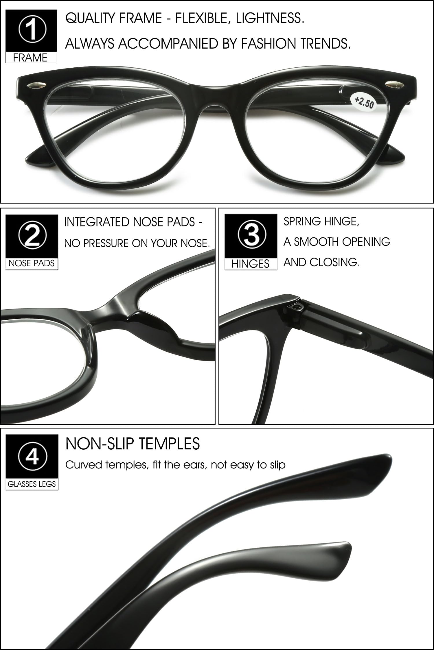 VEVESMUNDO Damen Lesebrillen Modern Katzenaugen Design Kunststoff Federscharnier Lesehilfen Sehhilfe Brille +1.0,+1.5,+2.0,+2.5,+3.0,+3.5,+4.0