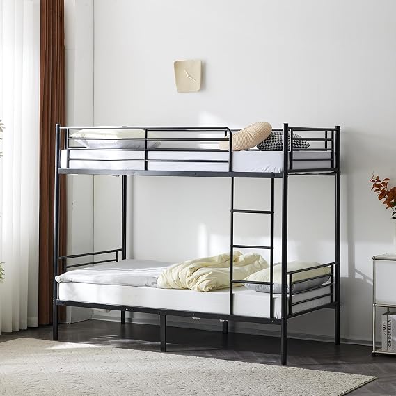 Twin Over Twin Bunk Bed, Single over Single Loft Bed Frame with Ladder and Safety Guardrail, Space Saving High Sleeper Beds for Kids Teens Adults (Black)