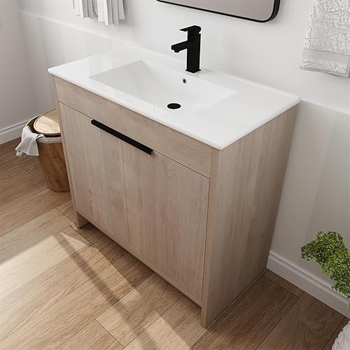 Miniatura 10 de SSLine Mueble de baño 2 en 1 montado en la pared y de pie independiente con lavabo moderno de 24 pulgadas con lavabo superior y armario de