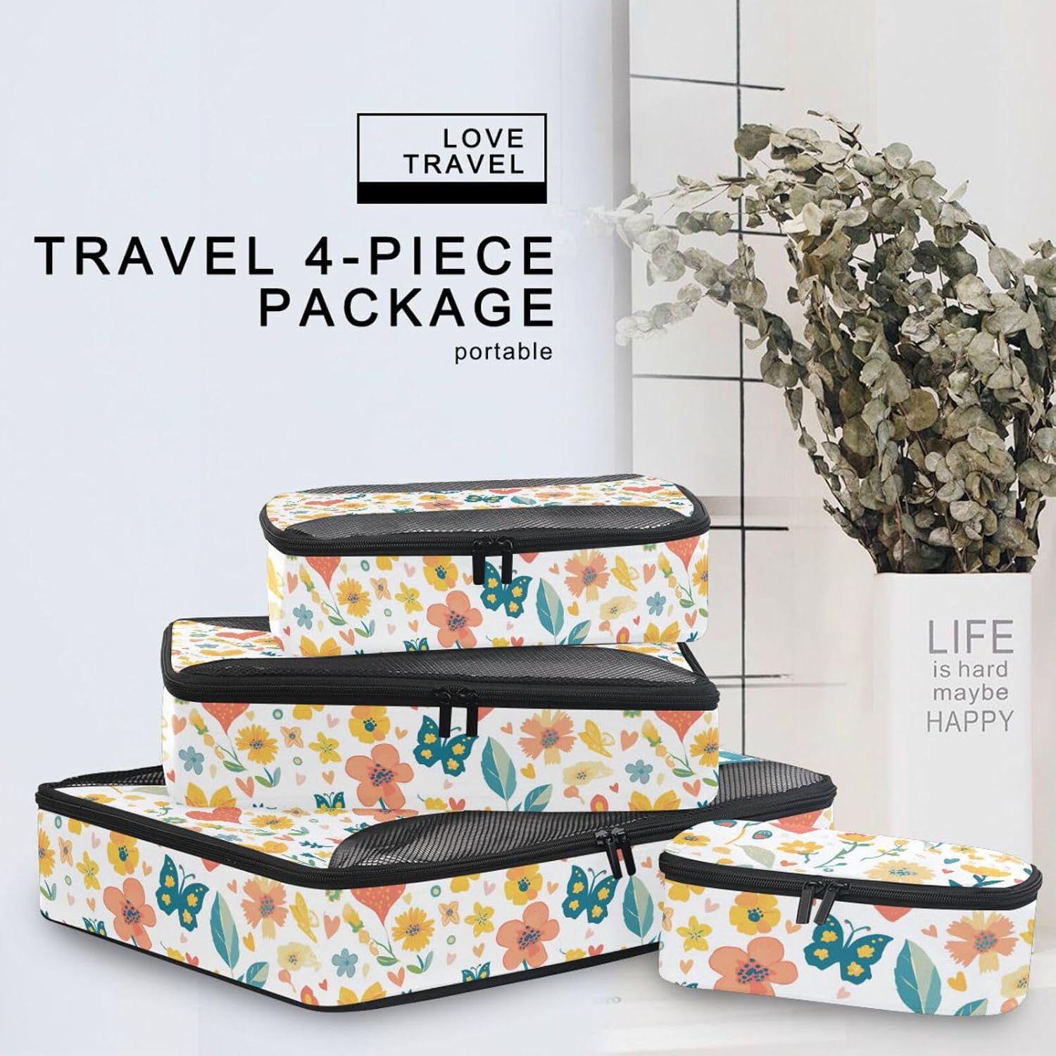 Fresh Safari Flowers 4 Pcs set organizer for luggage Mesh Travel Essentials portable compression packing cubes travel