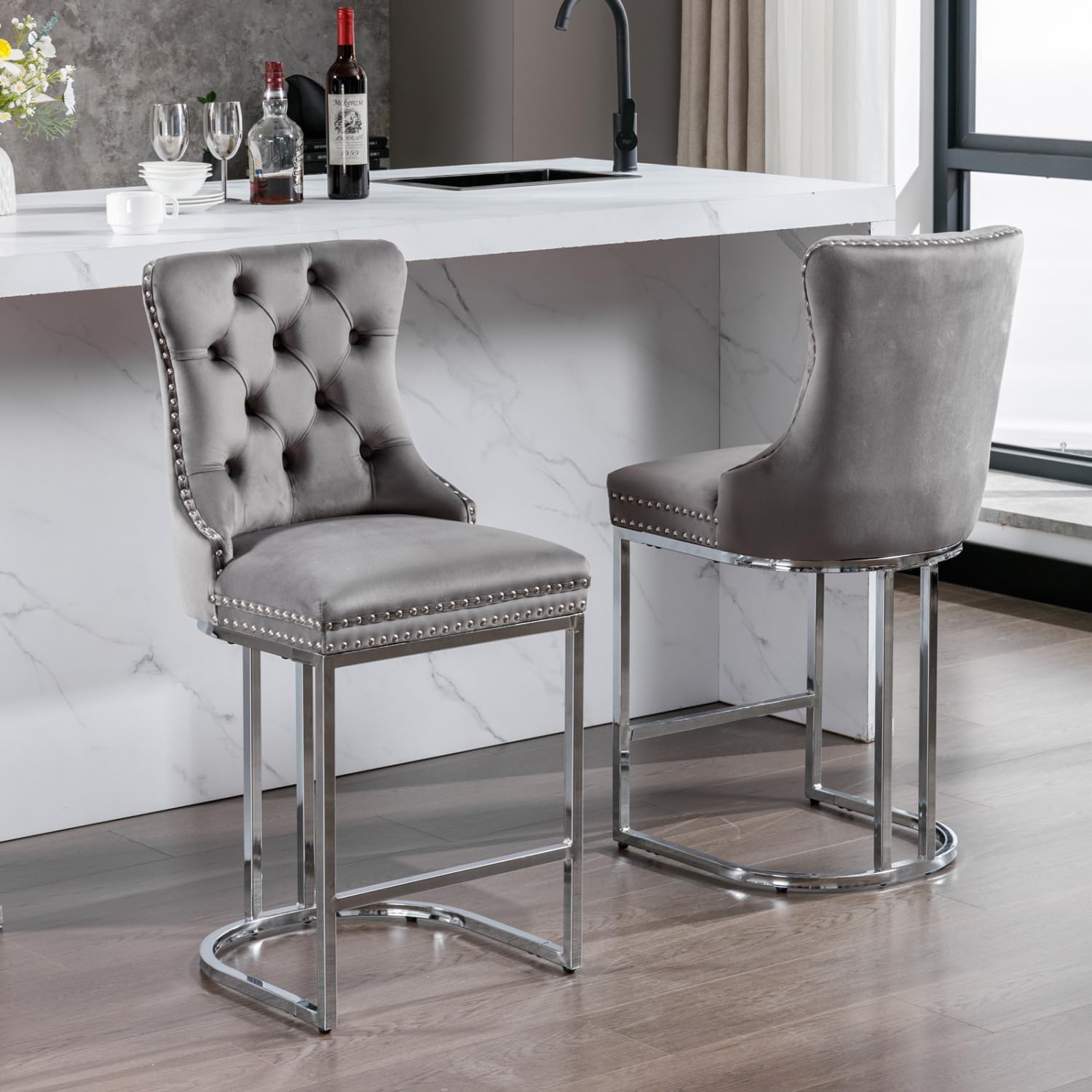 26" Counter Height Bar Stools Set of 2,Modern Velvet Barstools with Button Back and Rivet Trim,Upholstered Bar Stools with Sturdy Chromed Metal Base Legs,Gray