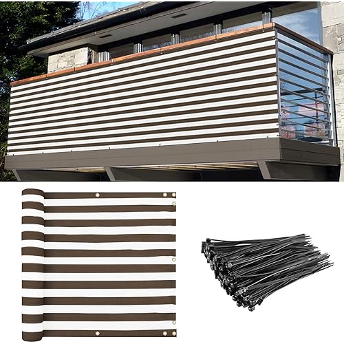 E&K Balcony Privacy Screen for Deck Yard Patio Pool 3'x8' Privacy Fence Screen Porch Yard Backyard Railings Chain Link Fence Dog Fencing Privacy Screen Cover with Zip Ties Brown White Strip