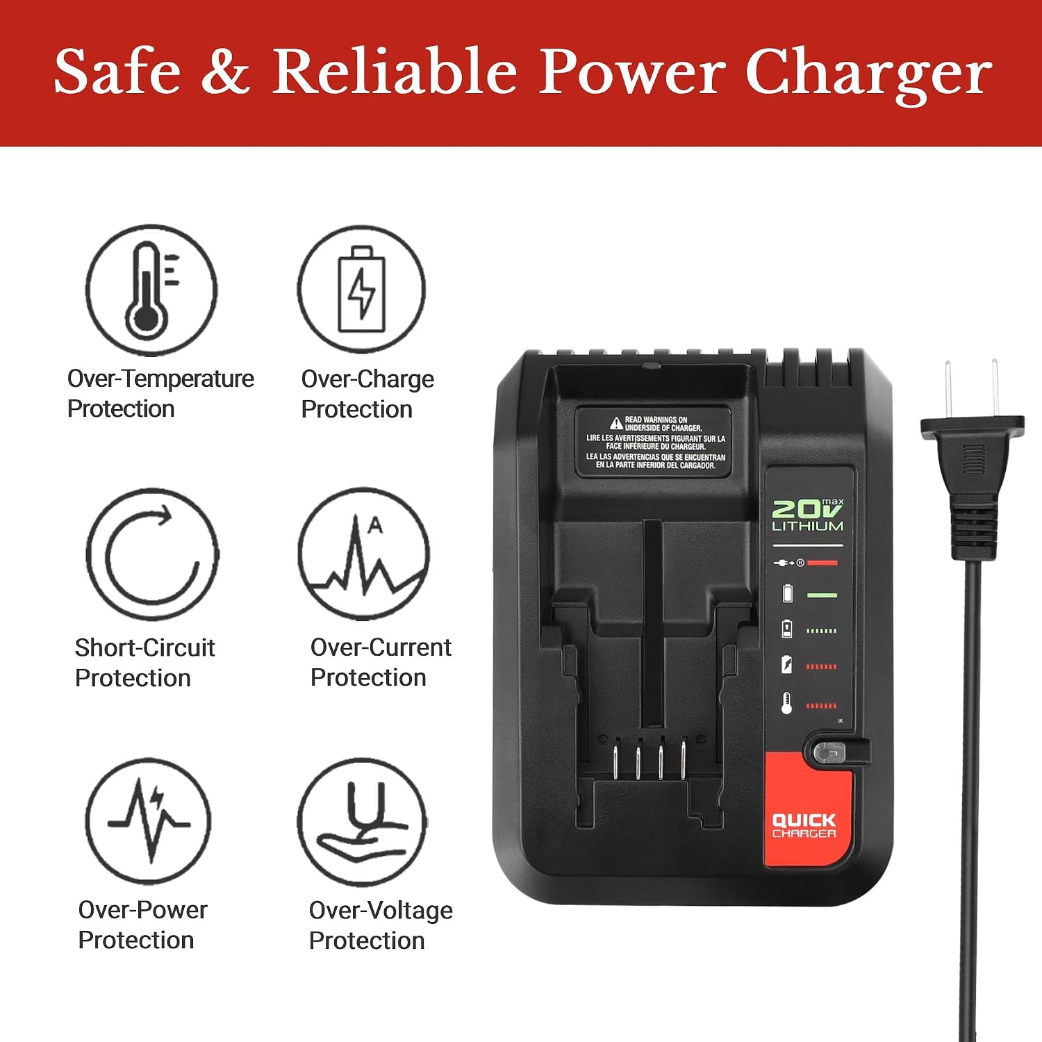 20V Fast Charger Compatible with Black & Decker 20V 12V Max for Porter-Cable 20V MAXLithium Battery LBXR20 LBX4020 LBXR2020, BDCAC202B 20V 2A Lithium Battery Charger for Black+Decker Drill