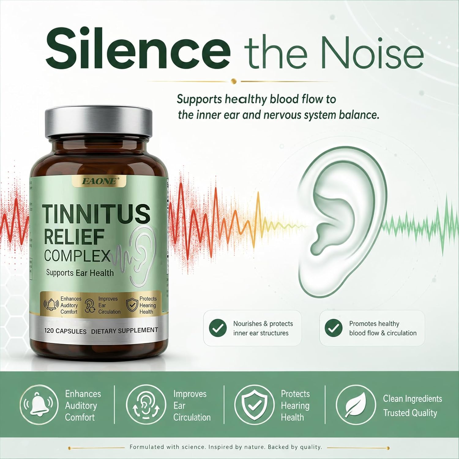 Tinnitus Relief for Ringing Ears, 120 Capsules, Ear Ringing Support Supplement with Vitamin C and B Complex, Helps Reduce Ear Noise and Buzzing, for Inner Ear Balance and Auditory Clarity, 60 Day