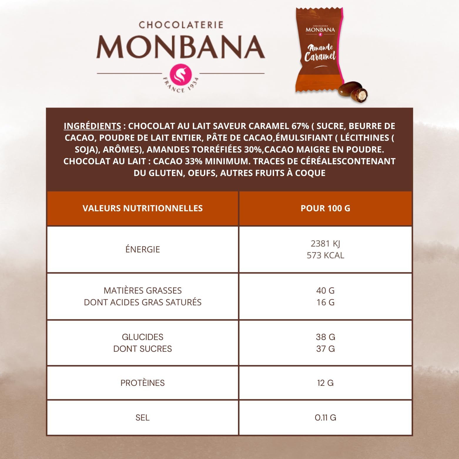 MONBANA | 100 Amandes Caramel | 350g de Délicieuses Croustilles au Chocolat à Offrir ou à Partager | Fabrication française