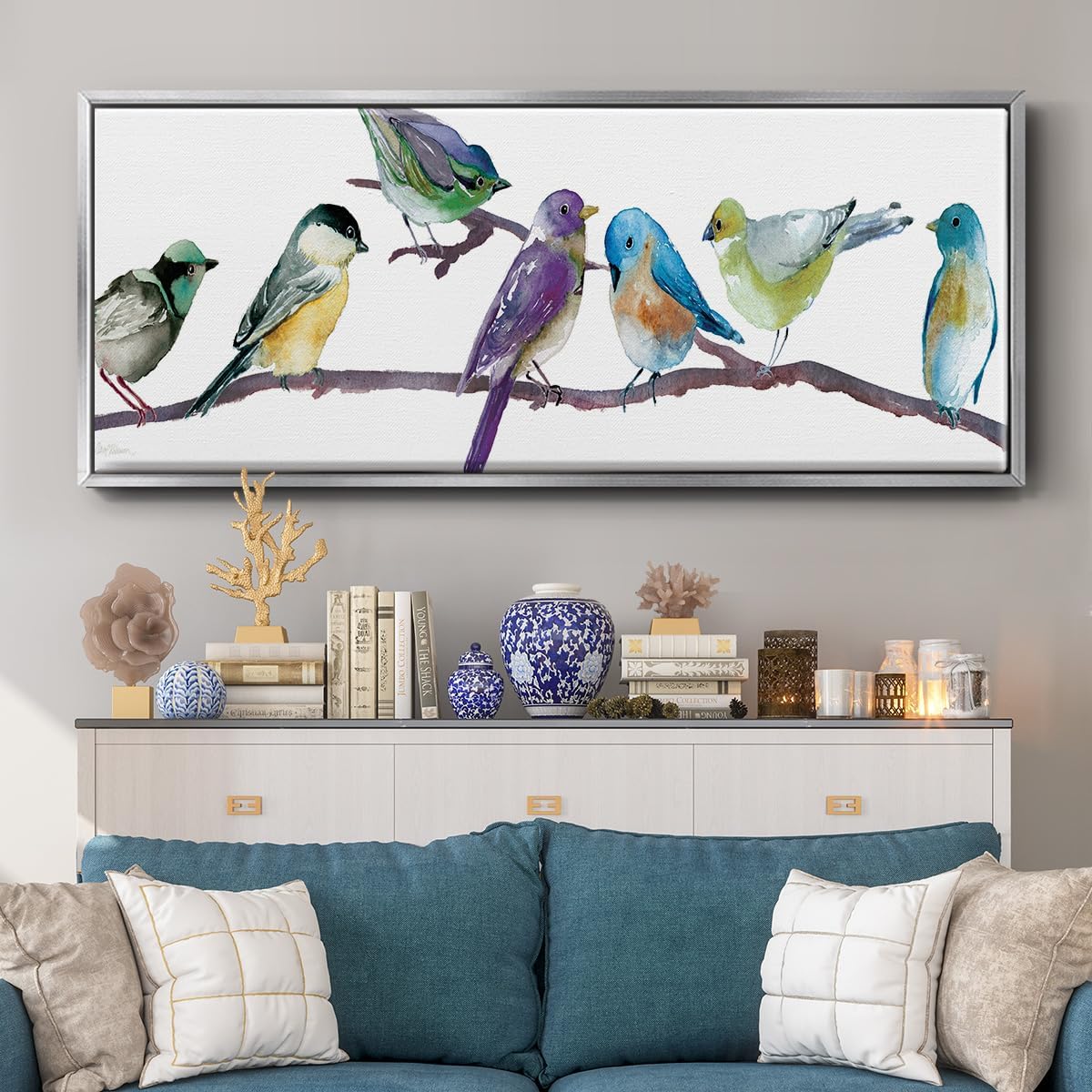 Renditions Gallery Birds Life Nature Artwork Bunch of Colorful Songbirds Canvas Wall Art Decoration for Bedroom Office Resturant - 8"X20" SILVER Frame GAL042 image 2