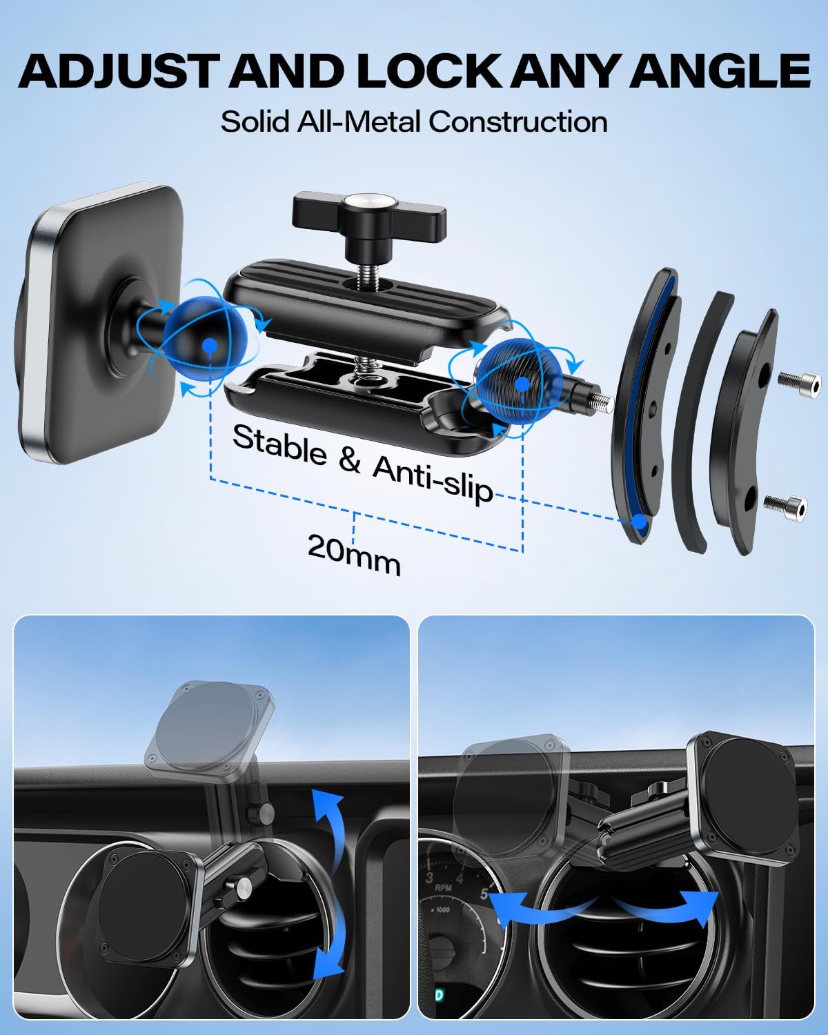 OQTIQ Car Phone Holder for Jeep Wrangler JL 2018–2023 & Gladiator JT 2020–2023 [5000Gs Magnetic Vent Mount], Heavy-Duty, 360° Adjustable, Compatible with iPhone 12–17, Samsung Galaxy, Pixel