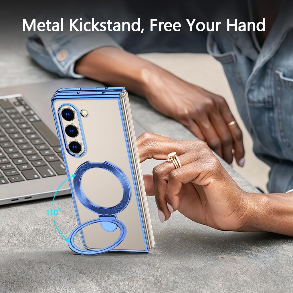 Compatible for Galaxy Z Fold 6 Case with O-Ring Stand Clear Case, Compatible with Magnetic Car Phone Mount [Wireless Charging] Slim Fit Anti-Scratch Cover for Galaxy Z Fold 6, Blue(13-53)