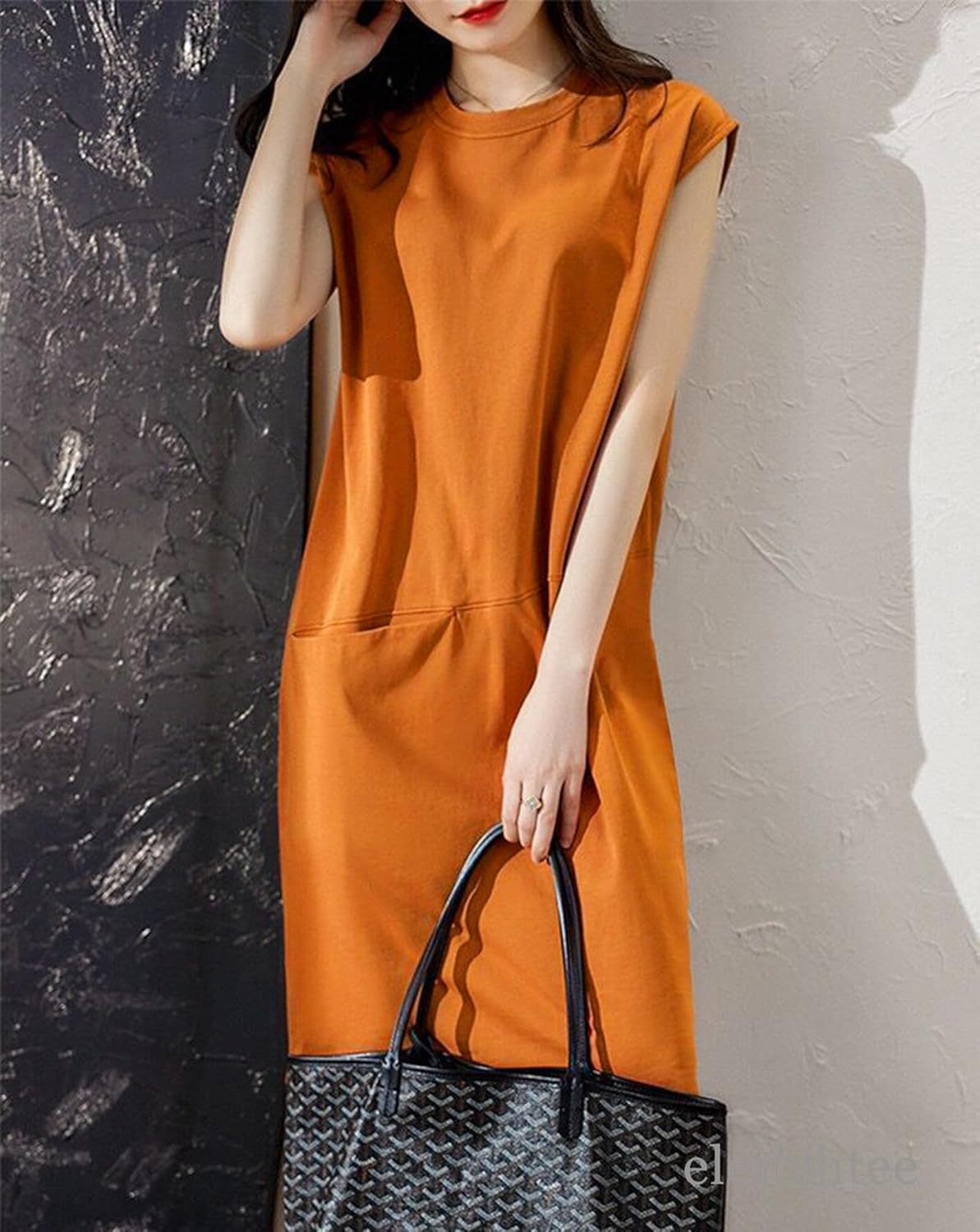 [eleitchtee] LHT ワンピース レディース ノースリーブ ネックレス付き 着痩せ カジュアル フレンチスリーブ 膝丈 ポケット付き 涼しい 体型カバー 透けない 春夏秋 M-LL