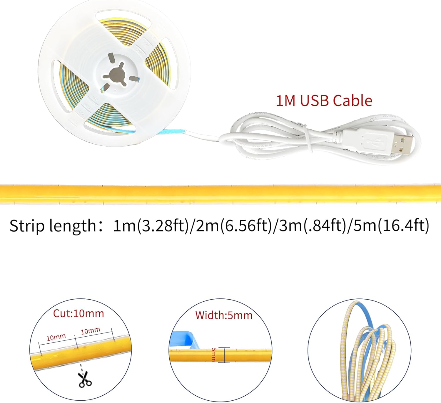 5V 5mm Width USB COB LED Strip Lights,3.28FT/1M,Natural White 4000K,400LEDs/M,8W/M,CRI90,800lm,Electroplated Double-Sided Panel Light Strip,IP20,for Indoor Decoration