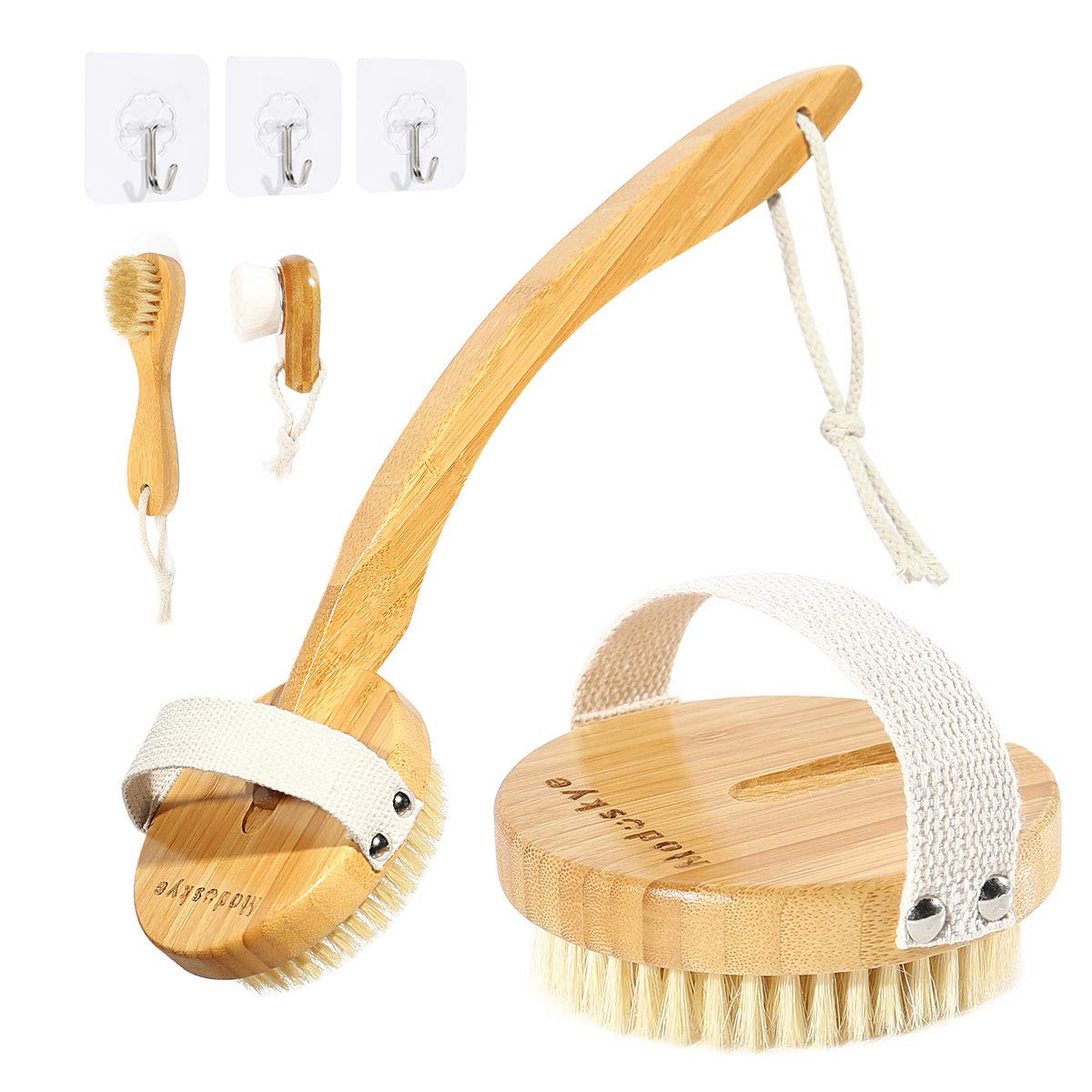 Shower Brush, Moduskye Back Brush with Long Curved Detachable Handle, Bath Body Brush Back Scrubber for Wet Dry Brushing Skin Exfoliating Soft Stiff Bristle Face Brush Wall Hooks Set (Premium Bamboo) : Beauty & Personal Care