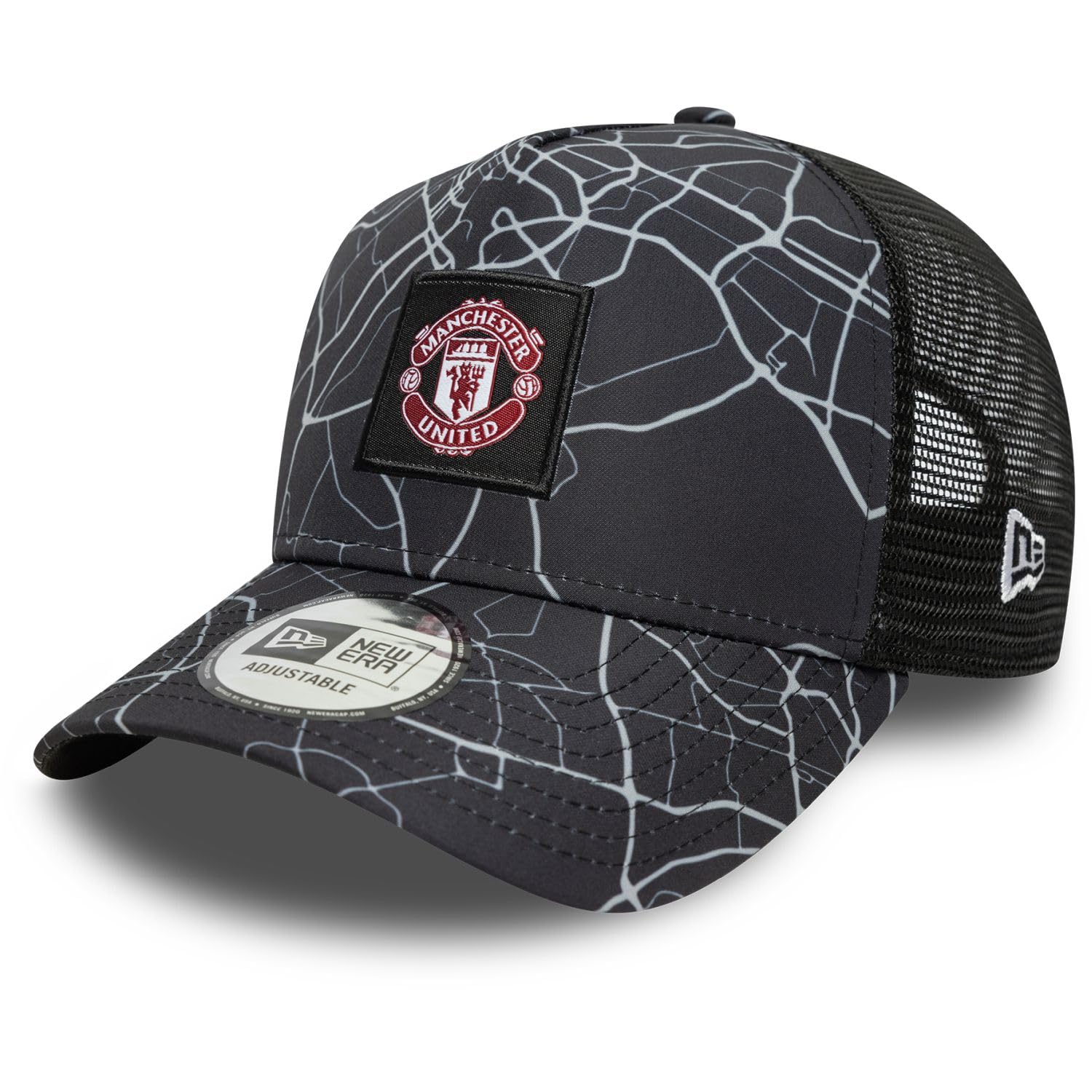 New Era Manchester United, Man Utd, Official Merchandise, All Over Print, E-Frame Trucker Baseball Cap, Black