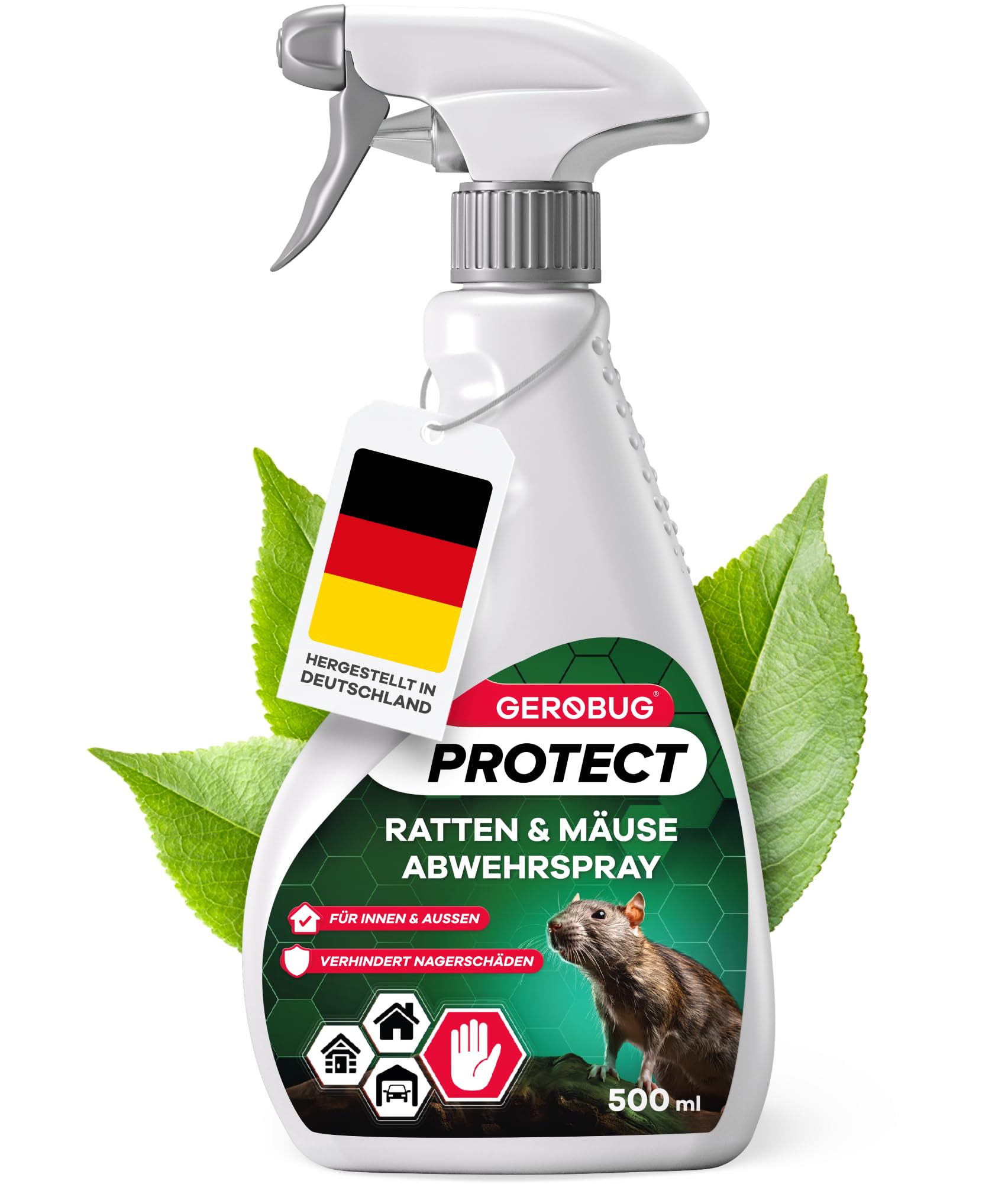 Gerobug Ratten & Mäuseabwehr Spray 500 ml mit Langzeitwirkung - Pfefferminzöl gegen Mäuse für Haus & Garten, hochwirksame Alternative zu Mäusegift oder Rattengift