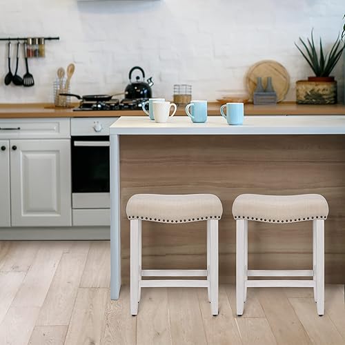 Miniatura 2 de WO Home Furniture - Taburete de mostrador de 24 pulgadas, 2 piezas, taburete tapizado sin espalda con patas blancas antiguas de madera para cocina