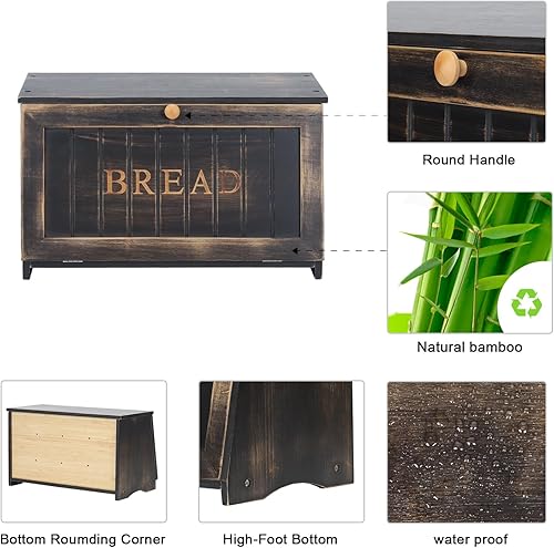 Miniatura 5 de HOMEKOKO Panera grande de madera para encimera de cocina, diseño retro, de una sola capa, de bambú, contenedor de almacenamiento de alimentos de