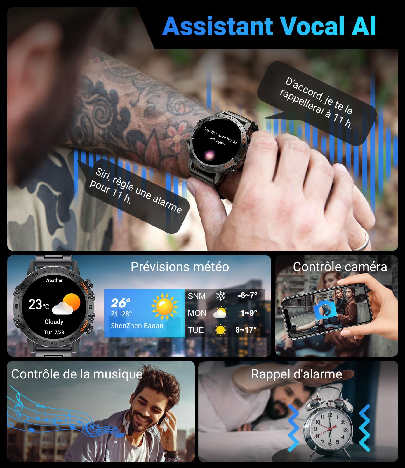 LIGE Montre Connectée Homme, 1.39" Smartwatch avec Fréquence Cardiaque, Tension Artérielle, SpO2, Durée du Sommeil, 300+ Cadran, 100+ Sports Fitness Watch pour Android iOS, IP67, Noir