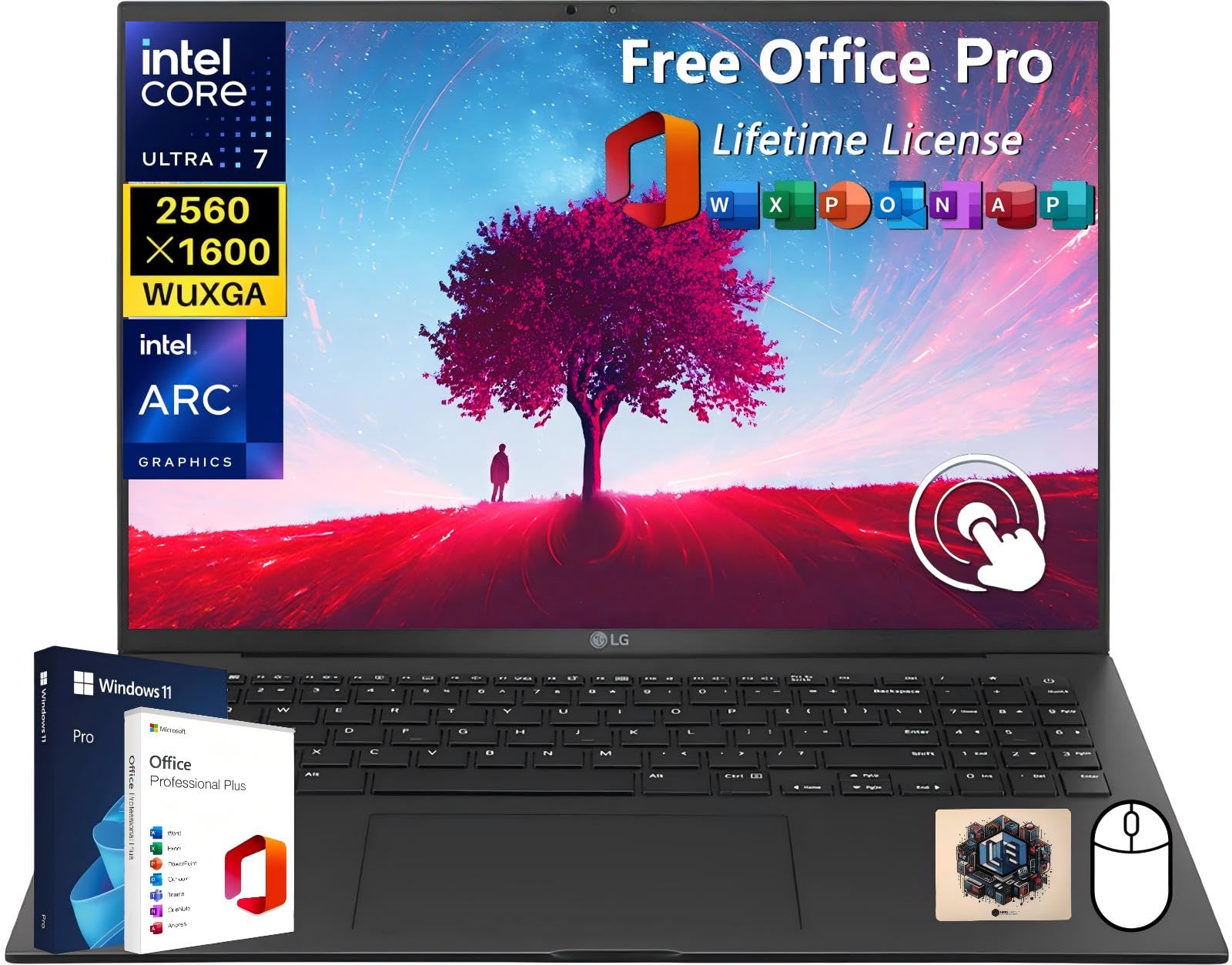 LG Gram 16 Lightweight Business Laptop, Office Lifetime License, Intel Evo Edition Ultra 7-155H, 16” WQXGA Touchscreen, 32 GB RAM, 2 TB SSD, Intel ARC GPU, Backlit KB, WiFi 6E, Windows 11 Pro