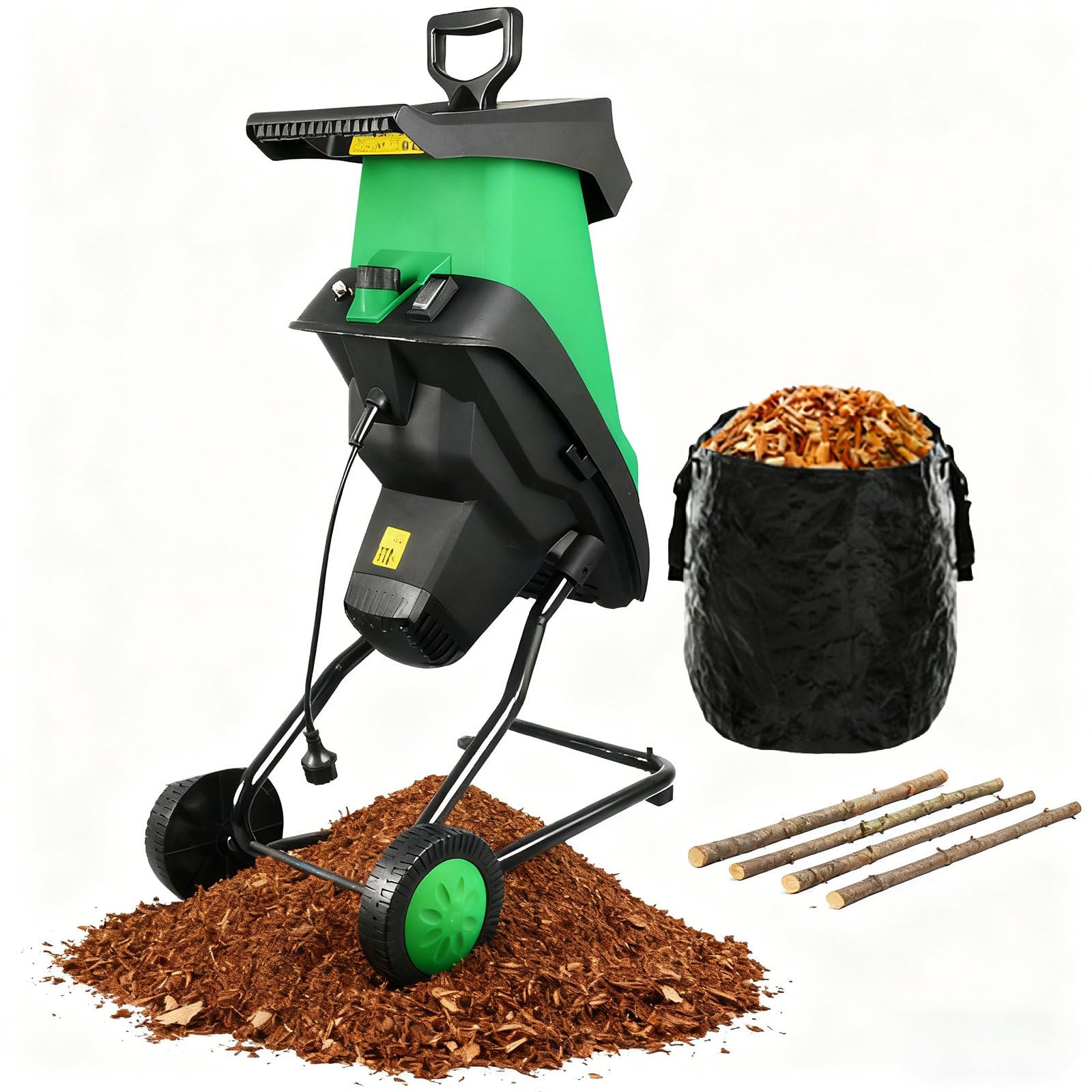 Biotrituratore Elettrico da Giardino da 2400 W con Sacco Staccabile da 50 L E 2 Set di Lame in Acciaio al Manganese, Tritura Rami Fino A 4 Cm/1,57 Pollici, Trituratore A 4500 Giri/Min