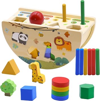 Montessori Busy Box for Toddlers 1-3, Wooden Object Permanence Coin Box with Shape Sorter & Animal Matching, Fine Motor Sensory Learning Toy with Wobble Base, Gift for 1 2 3 Year Old