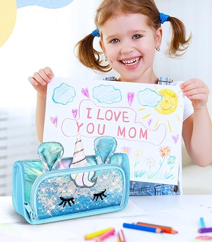 Miniatura 4 de Lindo estuche para lápices, estuche 3D para niñas y niños, bolsa brillante para lápices con lentejuelas para estudiantes, suministros escolares con