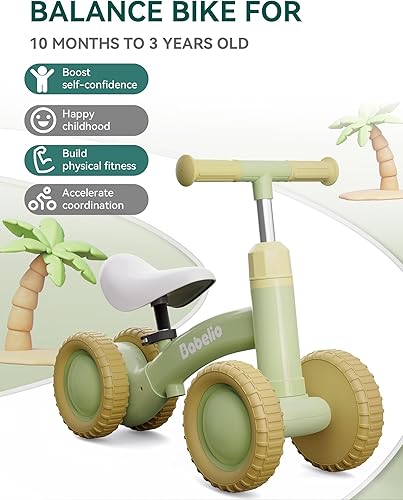 Miniatura 5 de BABELIO Bicicleta de equilibrio para bebés con asiento ajustable y manubrio, bicicleta para niños pequeños de 4 ruedas con diseño todoterreno para