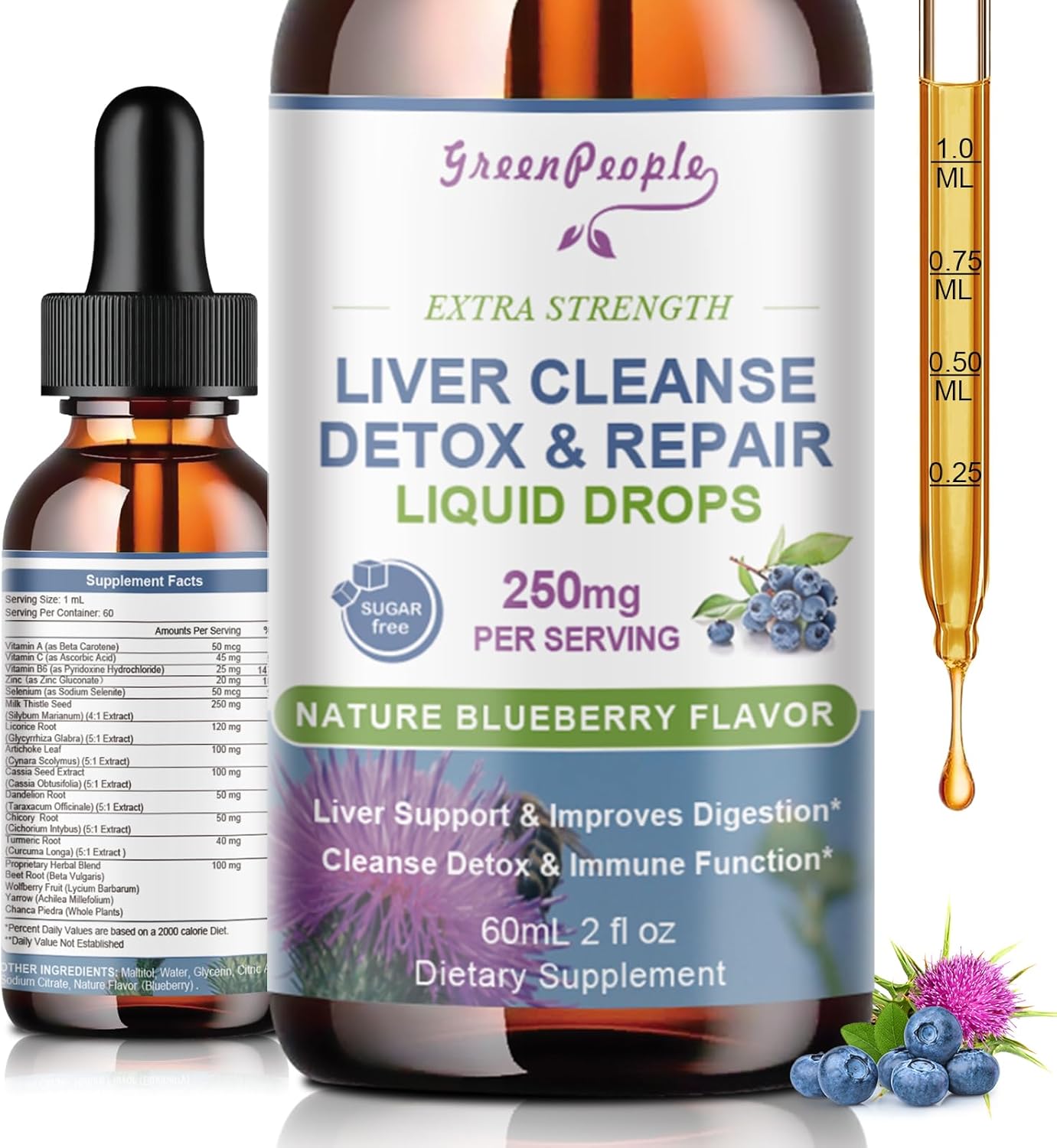 Liver Cleanse Detox & Repair Drops – Liver Supplement w/Milk Thistle Silymarin, Artichoke & Dandelion for Liver Detox & Support- 16x Potent Herb-Nutrients – 2Fl Oz Blueberry Flavor