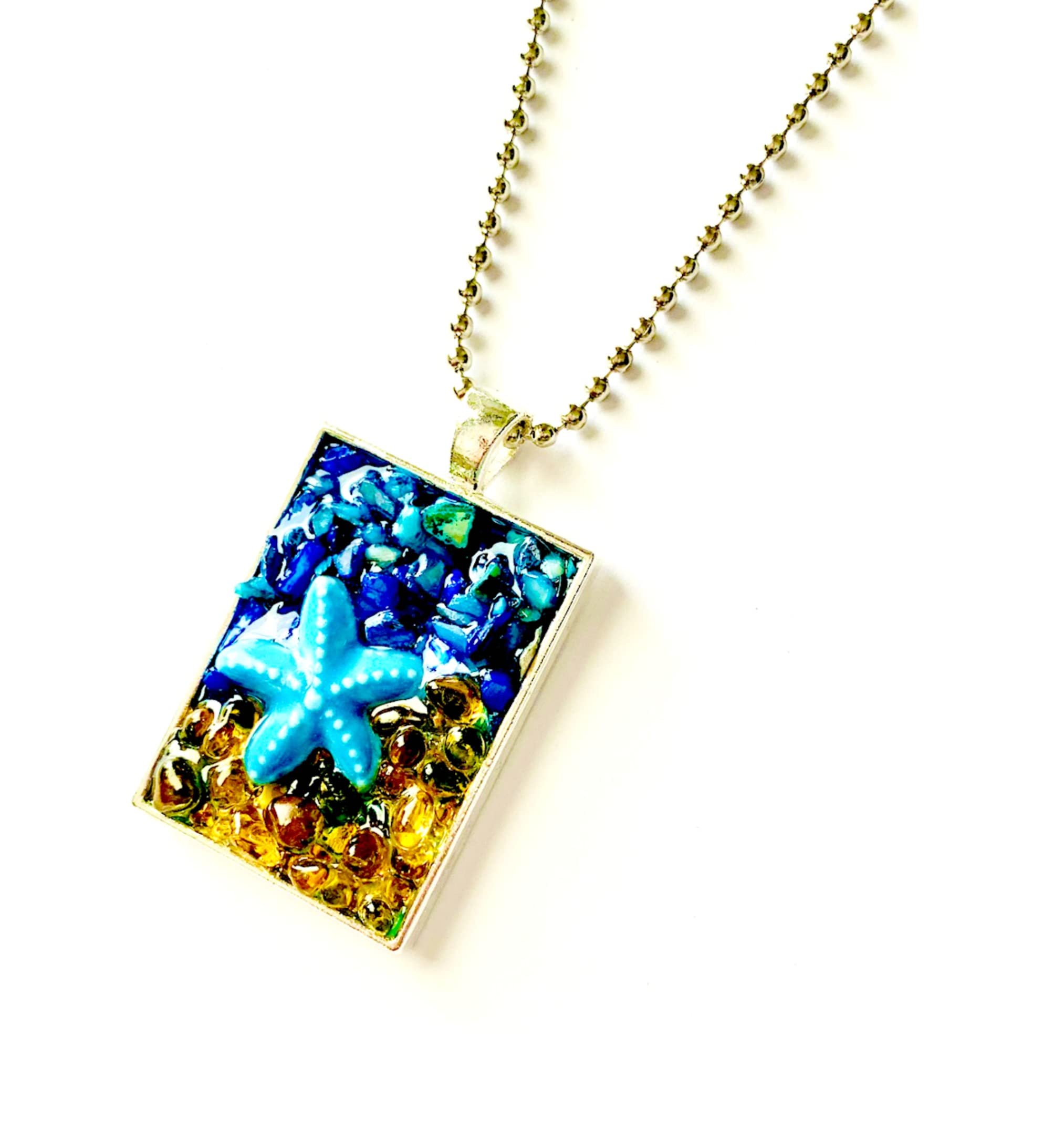 Ceramic Starfish Pendant, SeaStar Mixed Media Pendant, Sand and SeaStar Fish Mosaic Pendant on Ball Chain, Mosaic Sea Star Starfish Necklace