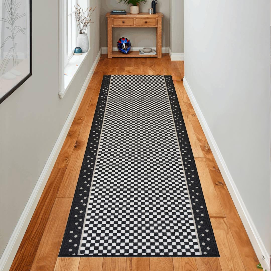 Extra-Long Custom Length Slip-Resistant Runner Rug with Low Pile Absorbent, Stain-Resistant, and Washable. Perfect for Entryways, Hallways, Kitchen 31.5 in x 11 ft, Checkered