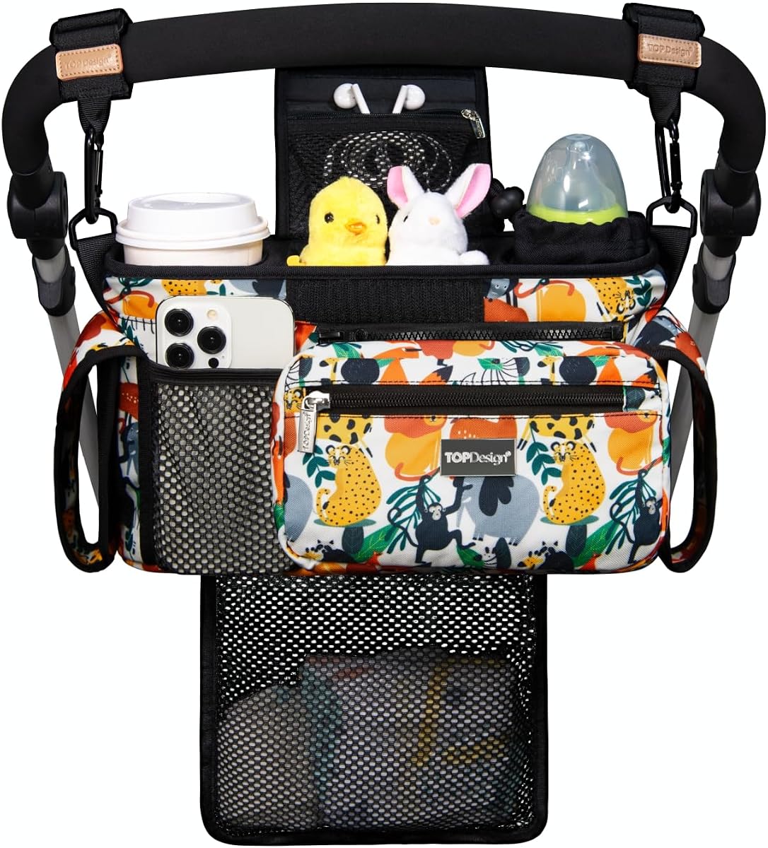 TOPDesign Universal Baby Stroller Organizer, Stroller Caddy with Detachable Mesh Bag & Heightened Insulated Cup Holders & Non-Slip Secure Hooks Accessories, Fits Most Strollers (Zoo)