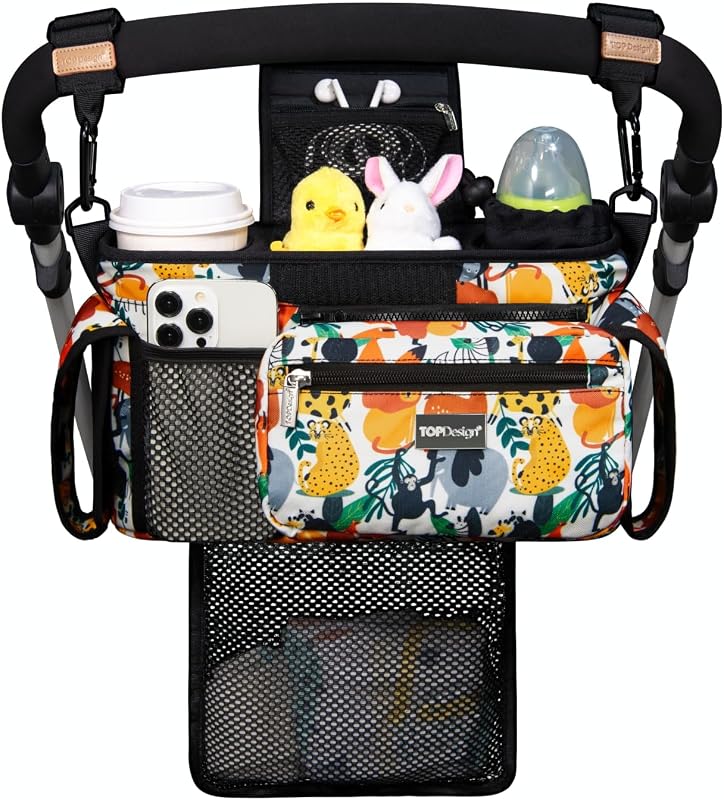 TOPDesign Universal Baby Stroller Organizer, Stroller Caddy with Detachable Mesh Bag & Heightened Insulated Cup Holders & Non-Slip Secure Hooks Accessories, Fits Most Strollers (Zoo)