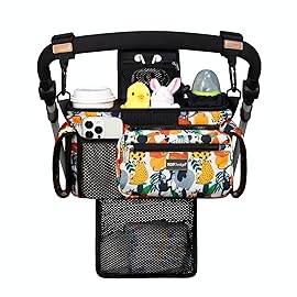 TOPDesign Universal Baby Stroller Organizer, Stroller Caddy with Detachable Mesh Bag & Heightened Insulated Cup Holders & Non-Slip Secure Hooks Accessories, Fits Most Strollers (Zoo)