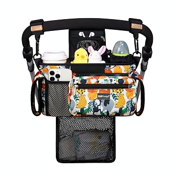 TOPDesign Universal Baby Stroller Organizer, Stroller Caddy with Detachable Mesh Bag & Heightened Insulated Cup Holders & Non-Slip Secure Hooks Accessories, Fits Most Strollers Zoo
