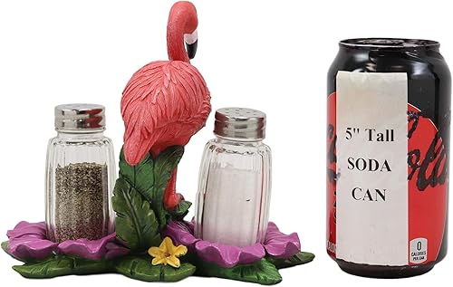 Miniatura 5 de Ebros Tropical Paradise Bird - Estatua de flamenco rosa con cristal para sal y pimentero, juego de decoración de pájaros vadeo elegante, 7.25