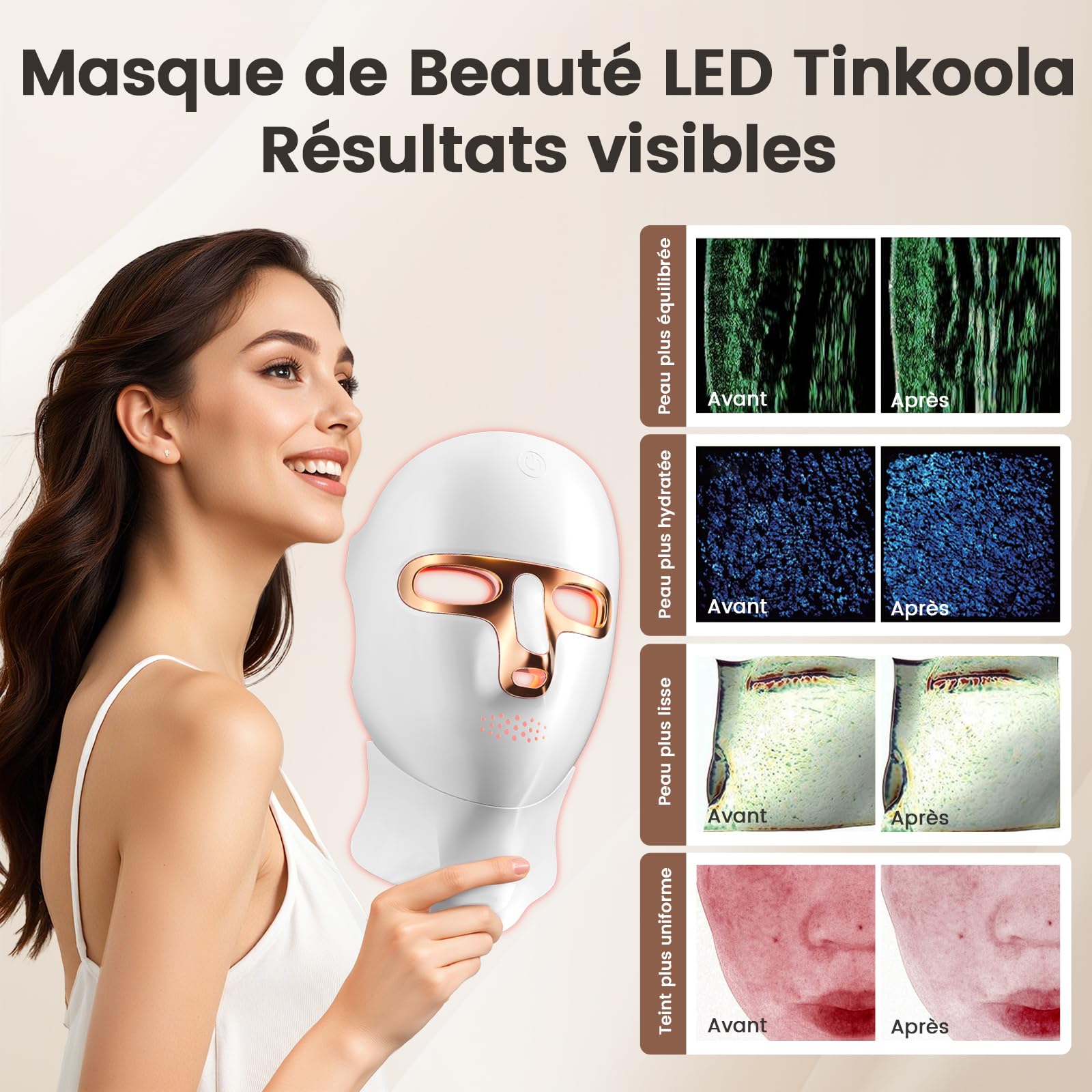 Masque LED Visage Luminothérapie, Masque à Lumière Rouge Rechargeable USB-C, Masque Facial LED pour Soins de la Peau, Maison, Voyage et Yoga(Or) | 7 modes de lumière pour personnaliser vos soins de la peau, design confortable pour la maison, le voyage et