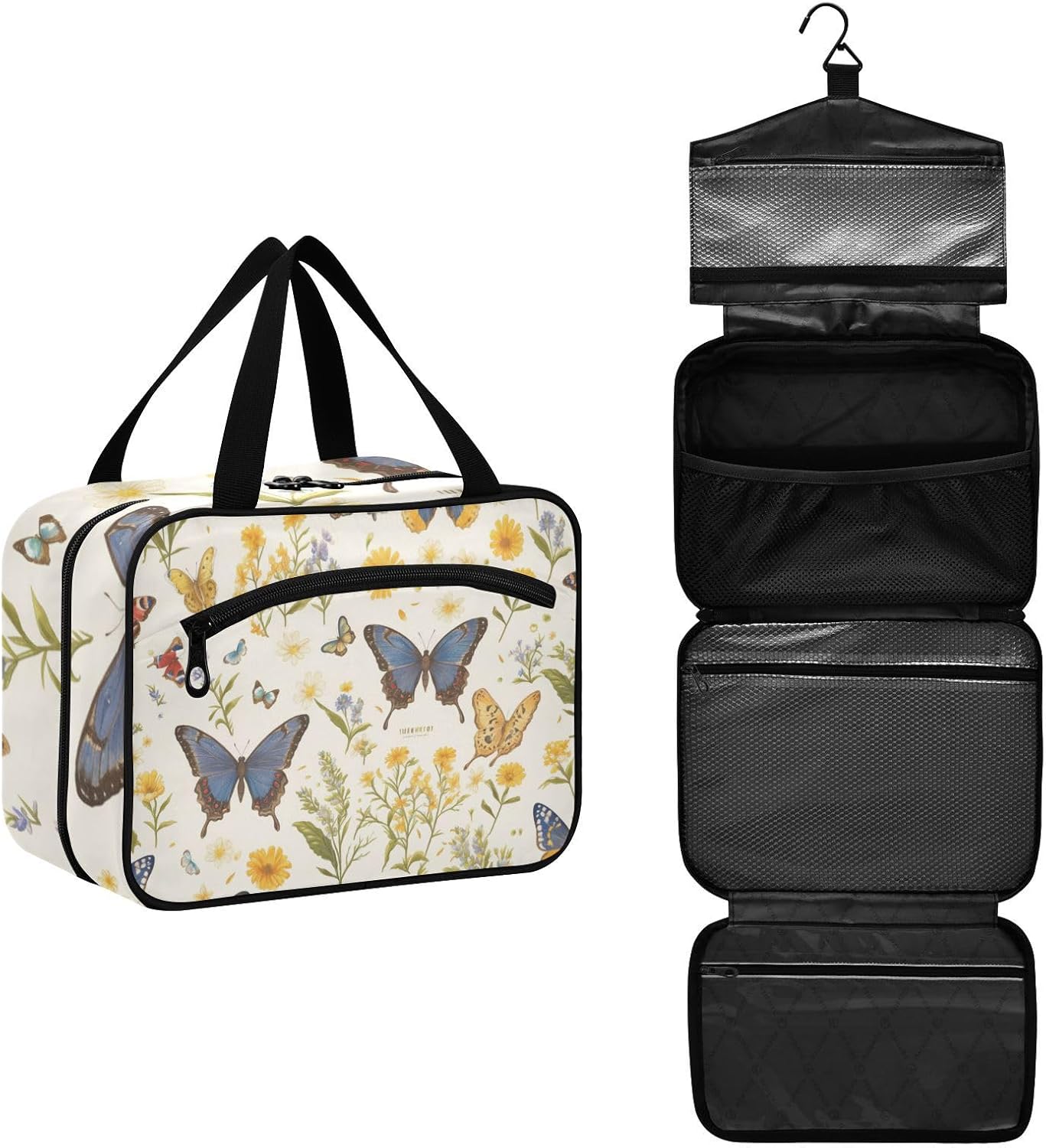 Colorful Butterfly Flowers hanging travel size toiletries kit with hook, designer foldable makeup case for travelers cruises estuche de maquillaje para mujer L
