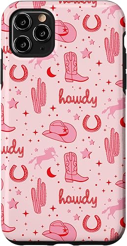 Funda estética para iPhone 11 Pro Max con patrón de sombrero y botas de vaquero rosa