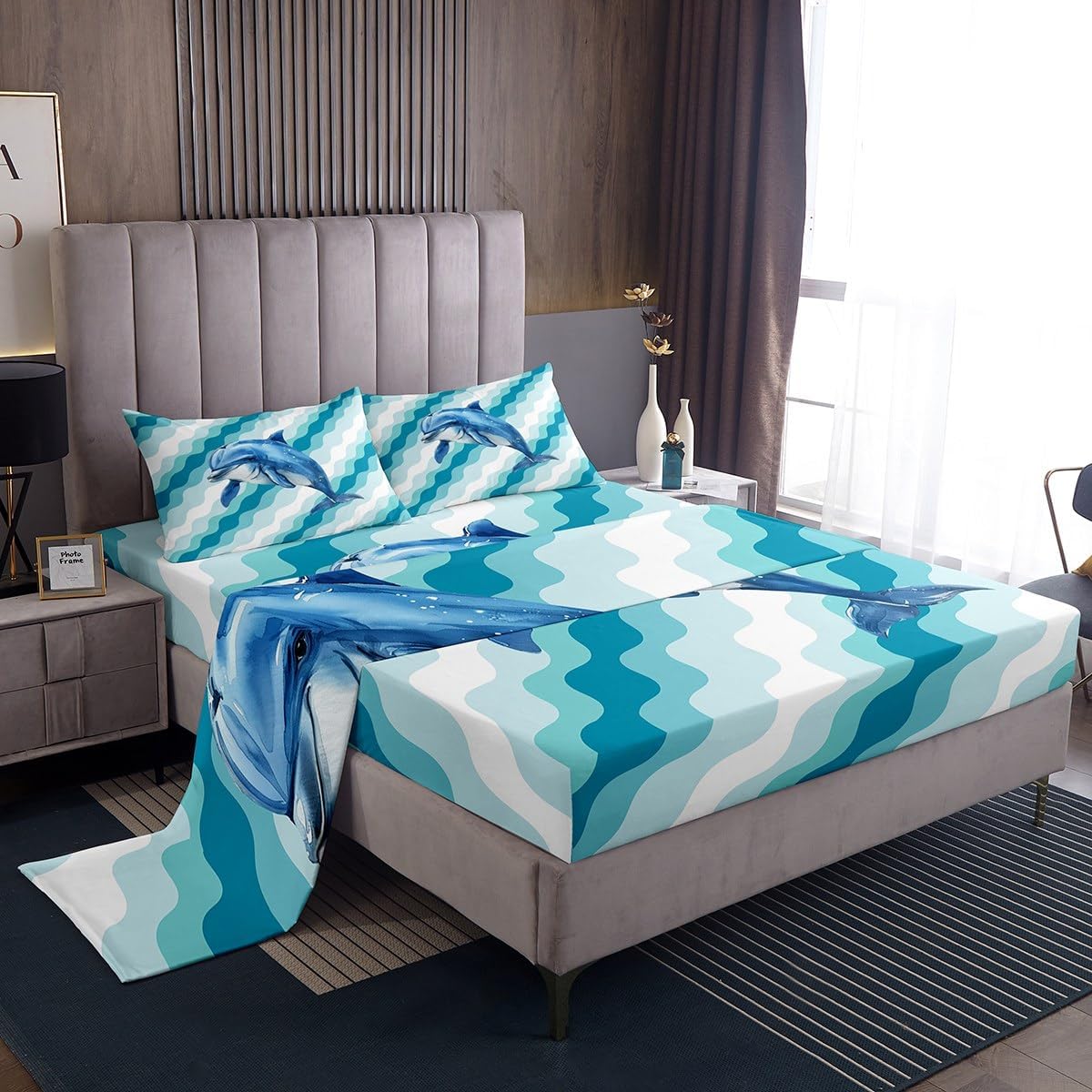 jejeloiu Ocean Fitted Sheet Twin Size Kids Dolphin Bedding Set for Boys Girls Teens Bright Blue Bed Sheets Set Breathable Soft Lightweight