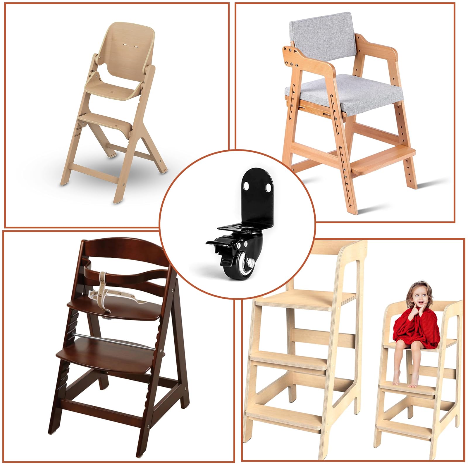 4 accessoires de roue avec verrous de sécurité pour chaise haute Tripp Trapp, rotation à 360 °, rend la chaise Tripp Trapp mobile, augmente le confort de la chaise haute, facilite le