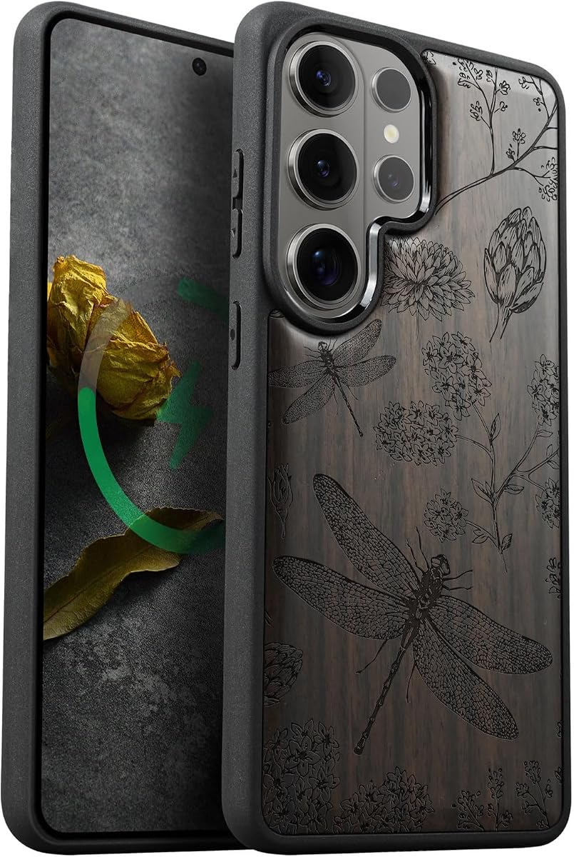 Carveit Wood Case for Galaxy S26 Ultra, The Dragonfly Dance, Black | Magnetic Samsung Galaxy S26 Ultra Case Compatible with MagSafe Wireless Chargers, Engraved Wood & Soft TPU Shockproof Bumper