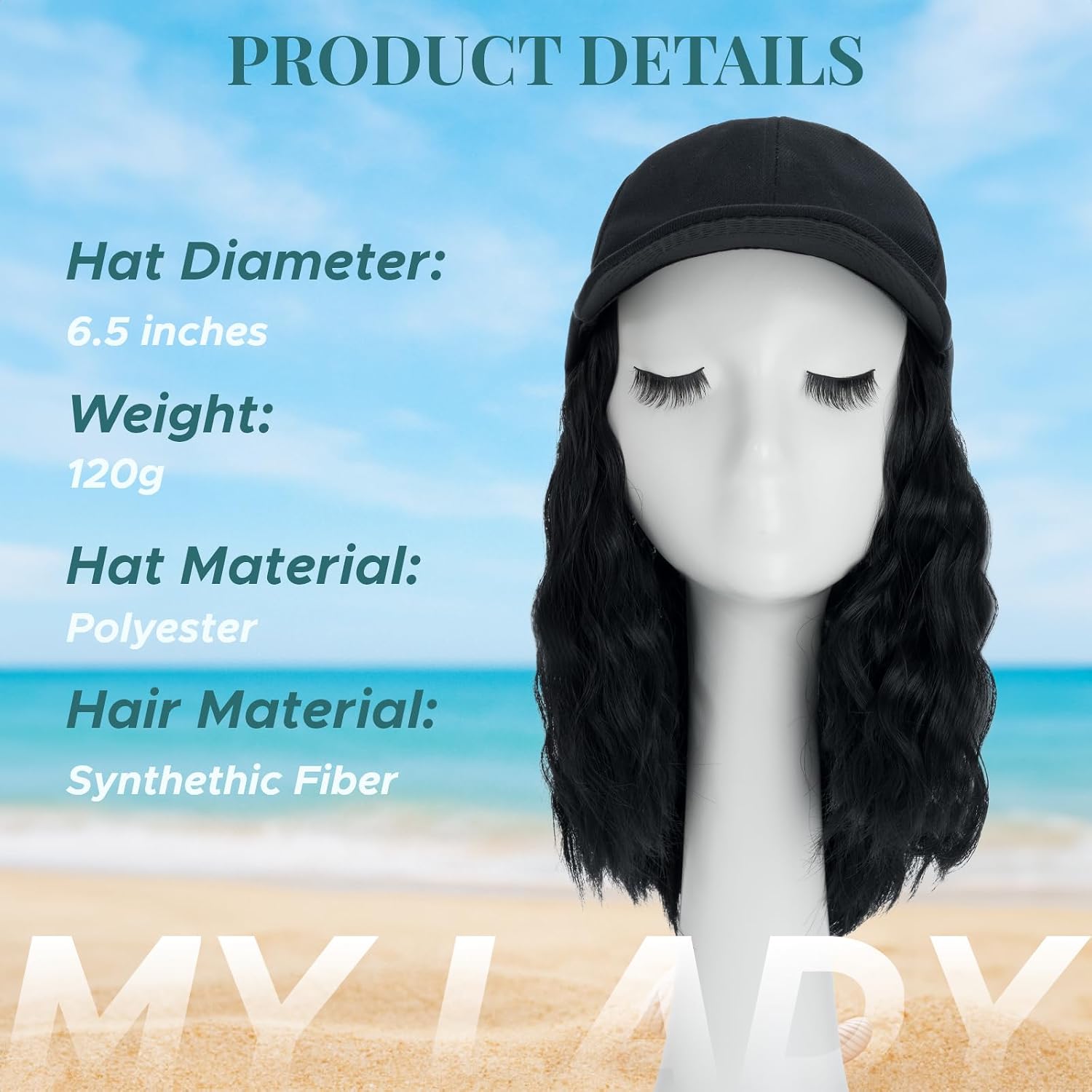 MY-LADY Hat Wig Hat with Hair Attached for Women Baseball Cap with Hair Extensions Adjustable Wavy Synthetic Hairpiece 16" Black Cap to 01