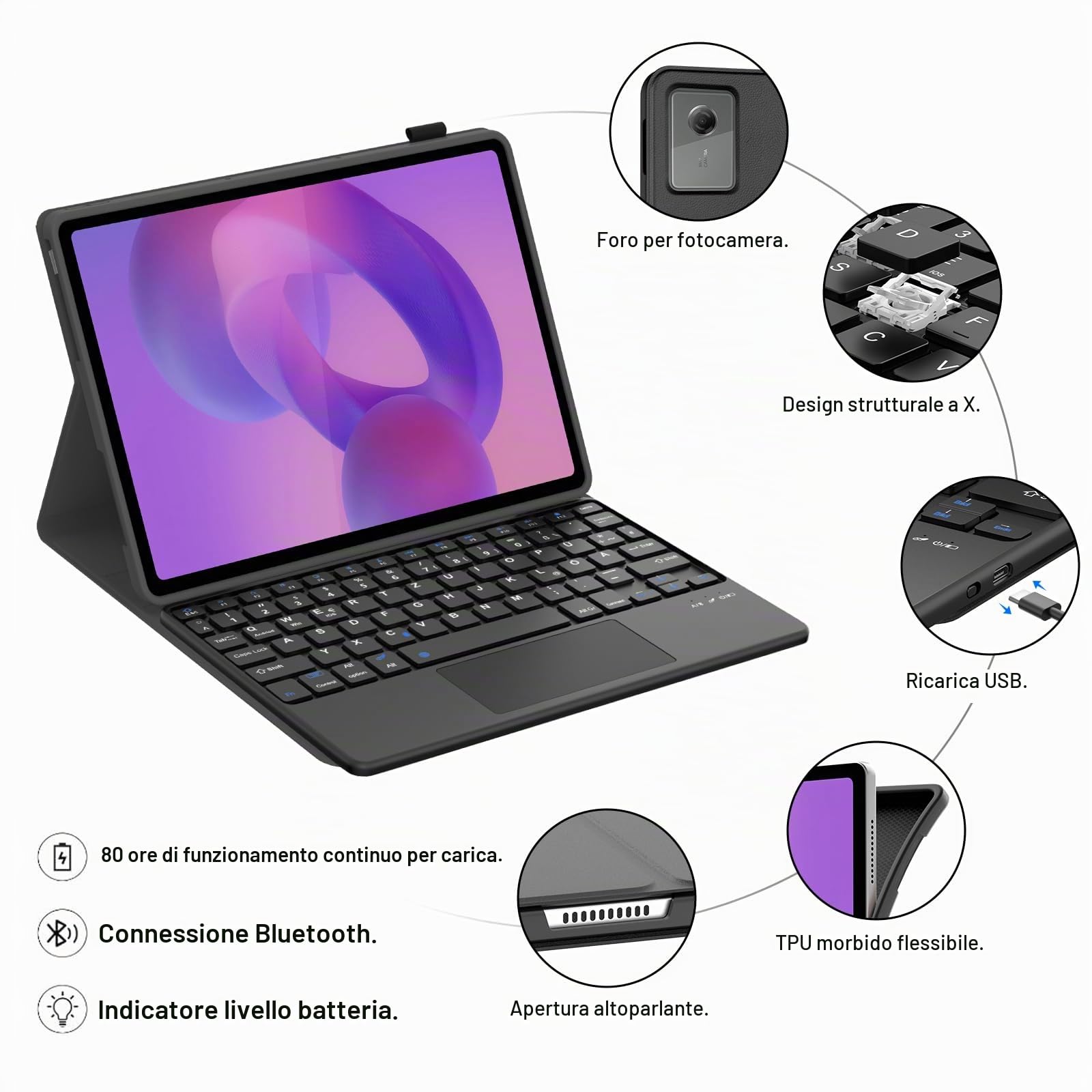 Custodia per tastiera Lenovo Idea Tab 2025 11 pollici (TB-336ZU TB-336FU) con touchpad, tastiera wireless Bluetooth per Lenovo Tab M11 11 pollici 2024, magnetica rimovibile con layout Qwertz, nero