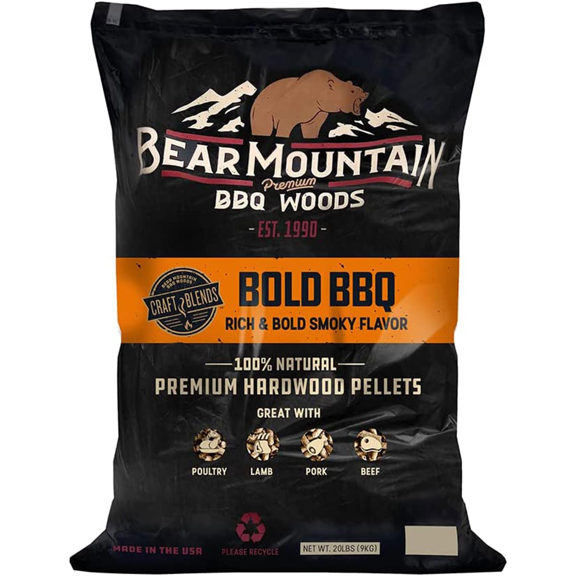 Bear Mountain All Natural Wood Pellets for Smoker, Grill & BBQ, 20 Lbs, Bold