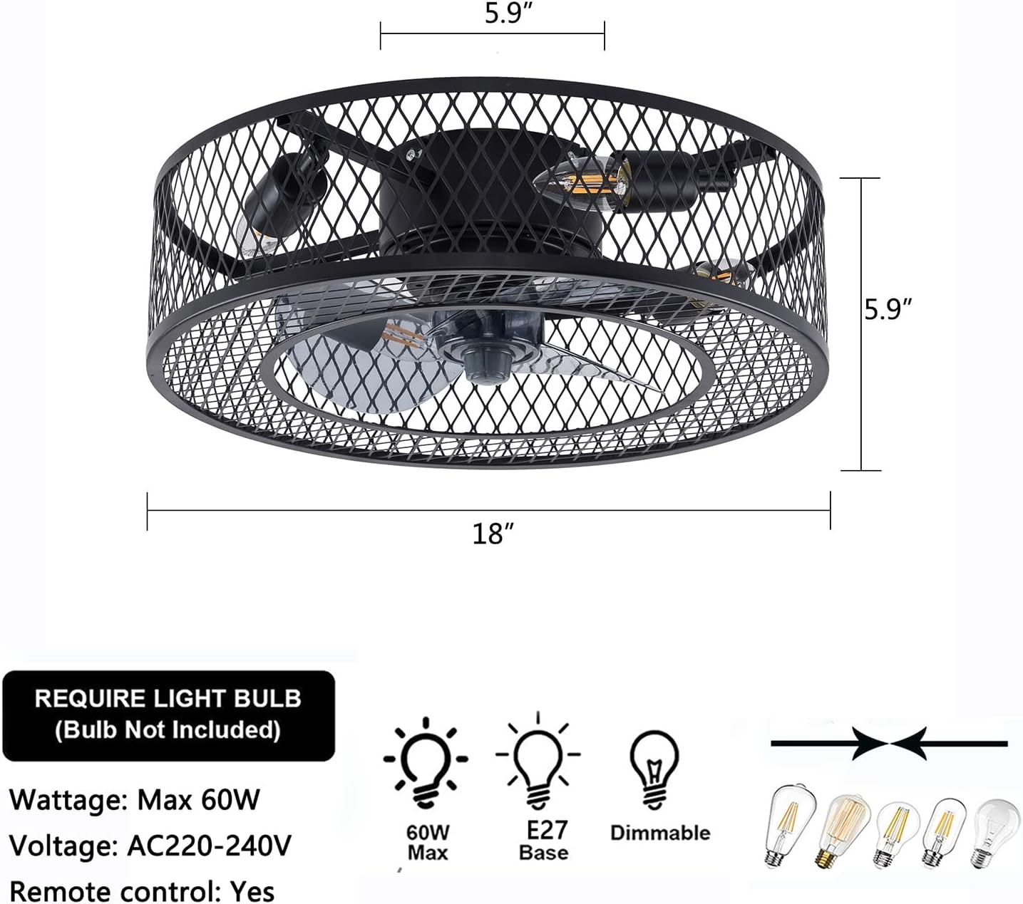 OUKANING Farmhouse Ceiling Fan with Lights Remote Control Industrial Metal Cage Light Rustic Style Ceiling Fans 18 Inch