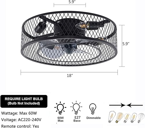 Miniatura 4 de OUKANING Ventilador de techo de granja con luces con control remoto, luz de jaula de metal industrial, ventiladores de techo de estilo rústico de 18