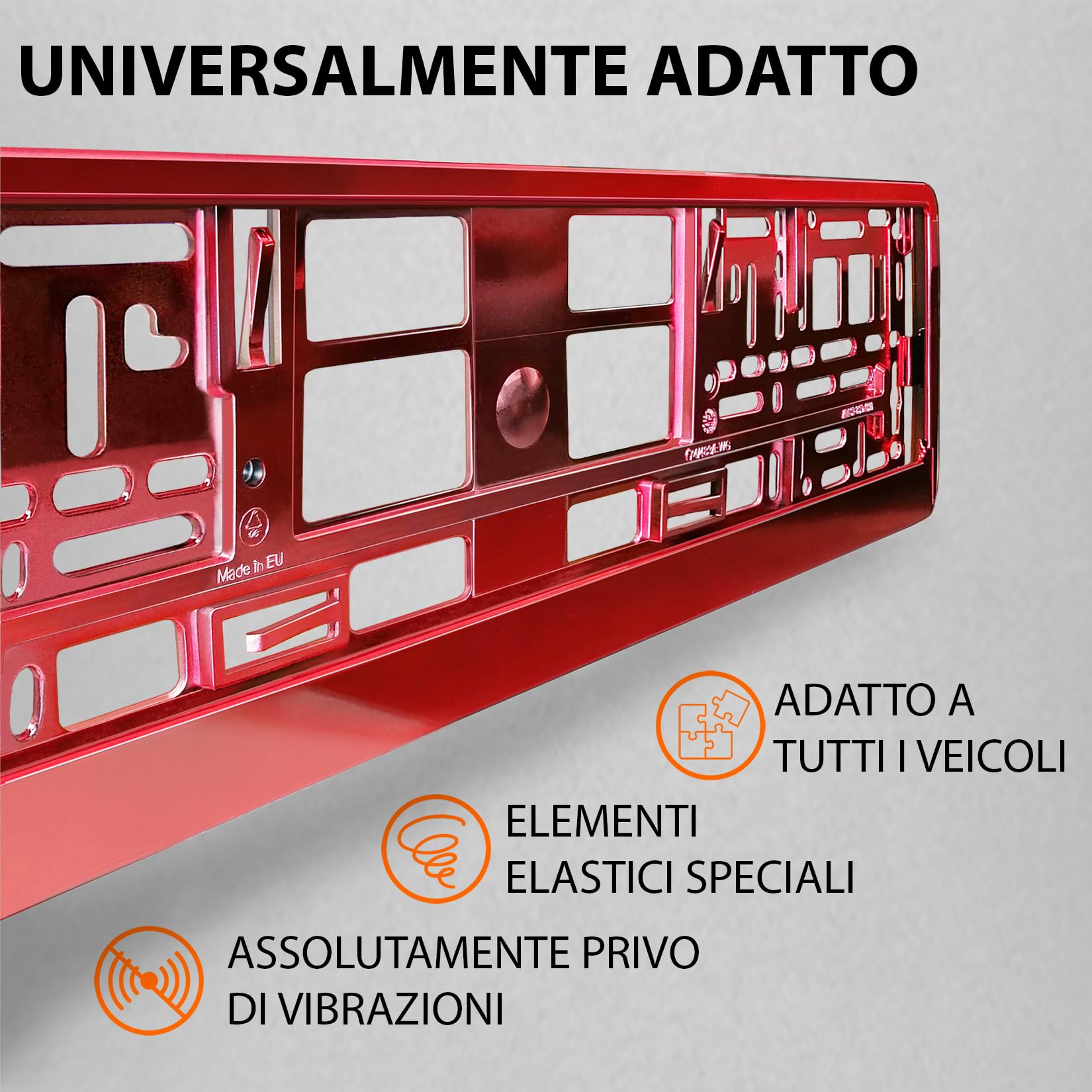 Portatarga Auto - Supporto Targa - [semplice, durevole e sicuro] - 8 viti - 520x110 mm - Rosso Cromo - Porta Targa - adatto a qualsiasi auto - per targhe italiane omologate - Fissaggio per Targa